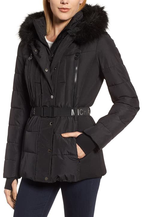 michael kors belted faux-fur-trim puffer coat|Michael Kors packable puffer jacket.